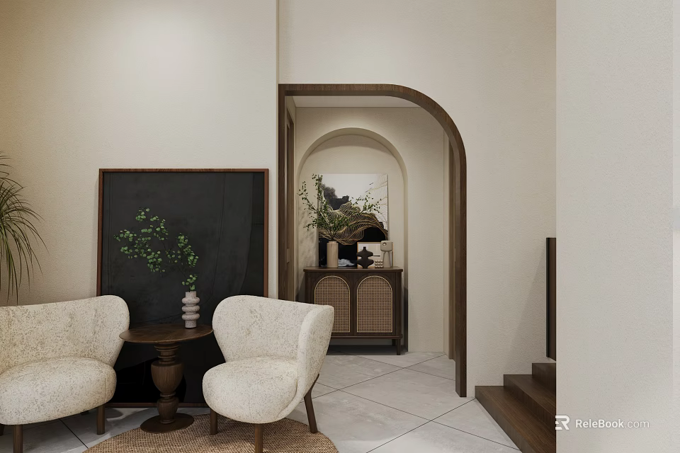Cozy Café Interior With Beige Chairs Small Round Table Green Plants Blackboard And Arched Doorway 3d model 