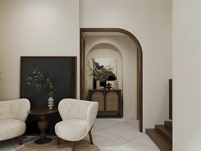 Cozy Café Interior With Beige Chairs Small Round Table Green Plants Blackboard And Arched Doorway 3d model