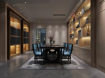 Modern Lounge Area Interior Design With Comfortable Seating And Decorative Shelves 3d model