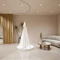 Wedding Dress Shop Interior Featuring Minimalist Design Light Colored Walls Arched Doorways And Rest Stools