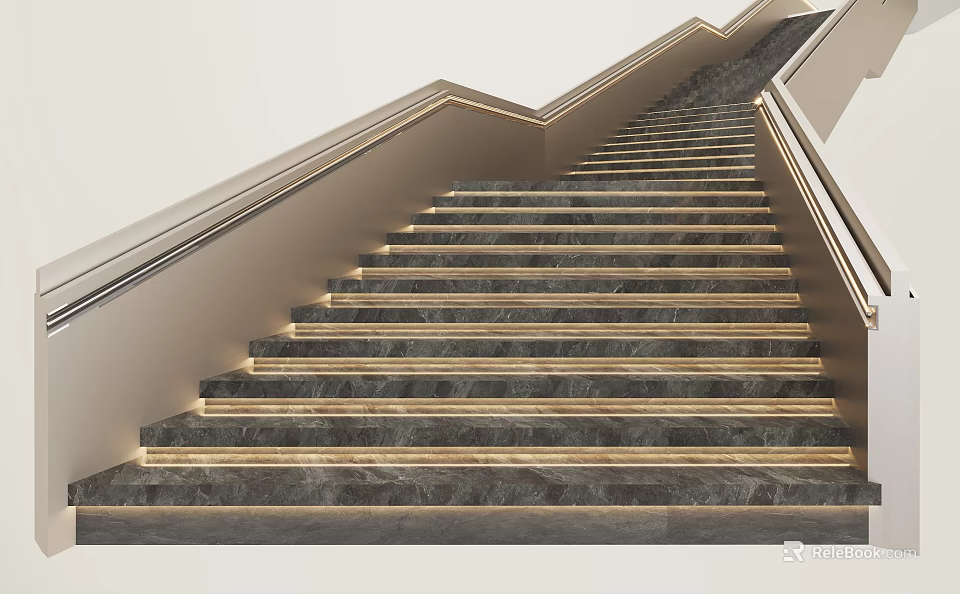 Modern Marble Stairs With LED Strip Lighting And Metal Handrail Design 3d model 