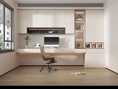Modern Home Office Interior With White Cabinets Desk Computer Office Chair And Wooden Floor 3d model