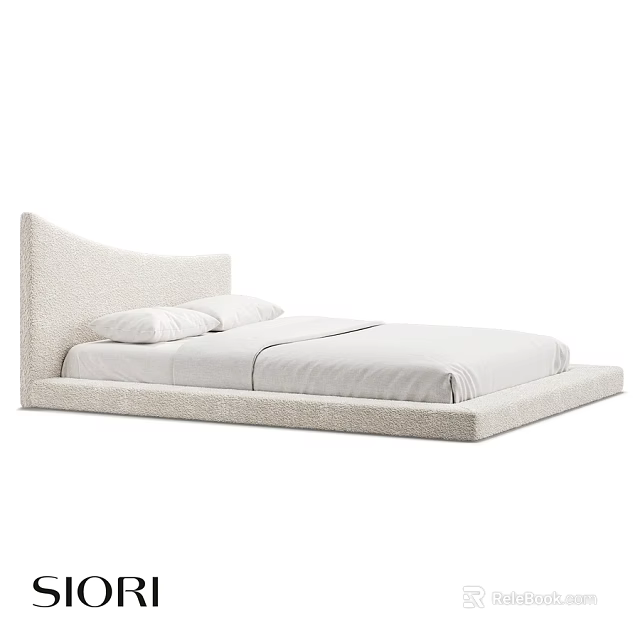 Minimalist Light Colored Upholstered Double Bed With Curved Headboard And White Linens 3d model 
