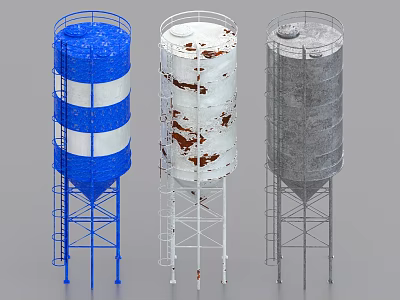 Blue White Striped Rusty White And Gray Industrial Water Towers With Support Structures And Ladders 3d model