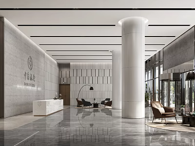 Modern Service Hall Interior With Gray Wall White Reception Desk Round Columns And Marble Floor 3d model