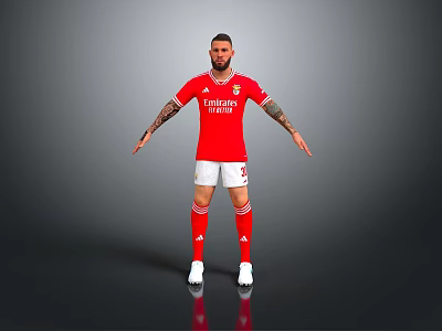 Man Wearing Red Benfica Jersey With Emirates Logo White Shorts Number 5 And Tattoos Standing 3d model