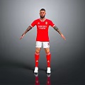 Man Wearing Red Benfica Jersey With Emirates Logo White Shorts Number 5 And Tattoos Standing