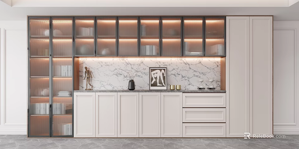 Modern Wine Cabinet With Glass Doors LED Lighting Marble Backsplash And Decorative Ornaments 3d model 
