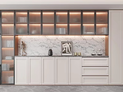 Modern Wine Cabinet With Glass Doors LED Lighting Marble Backsplash And Decorative Ornaments 3d model
