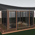 Modern Outdoor Wooden Structure With Curved Roof Transparent Walls And Wooden Deck