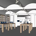 Well Lit Modern Digital Store Interior With Wooden Display Tables And Electronics