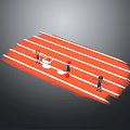 Game and Movie Characters in 3D Scene Running on Red Track with White Lines