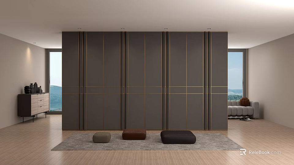 Modern Dark Gray Wardrobe Doors With Gold Lines Sleek Design In Living Room 3d model 