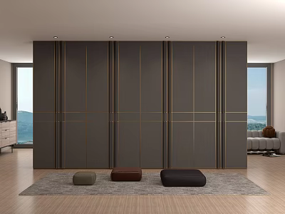 Modern Dark Gray Wardrobe Doors With Gold Lines Sleek Design In Living Room 3d model