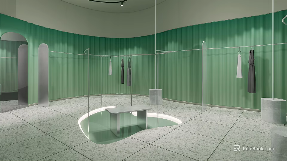 Modern Clothing Store Interior Featuring Green Curved Walls Transparent Racks Hanging Clothes and White Bench 3d model 