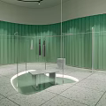 Modern Clothing Store Interior Featuring Green Curved Walls Transparent Racks Hanging Clothes and White Bench