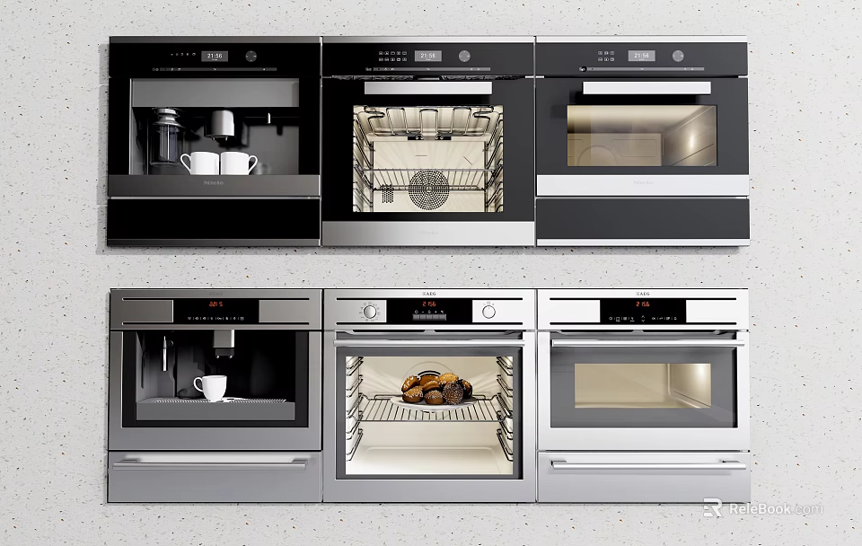Modern Built in Kitchen Appliances with Coffee Maker Oven and Microwave in Black Silver Design 3d model 