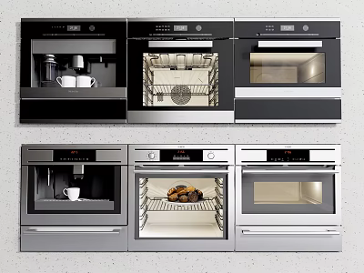 Modern Built in Kitchen Appliances with Coffee Maker Oven and Microwave in Black Silver Design 3d model