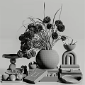 Decorative Ornament Set With White Flowers Transparent Vase Geometric Ornaments And Stacked Books