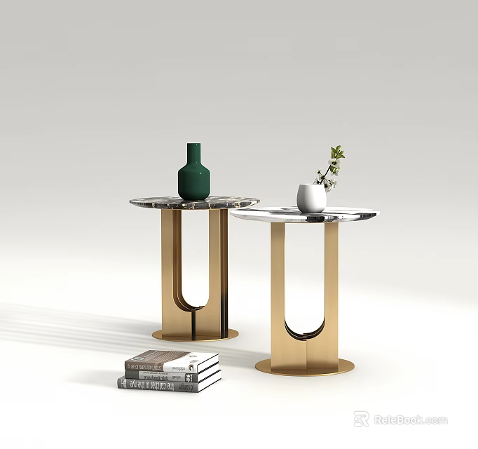 Elegant Modern Side Tables With Marble Tops Gold Metal Frames Decorative Vases And Stacked Books 3d model 