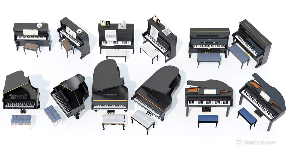 Various Black Piano Models Including Grand Upright Styles And Matching Stools 3d model