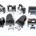 Various Black Piano Models Including Grand Upright Styles And Matching Stools 3d model