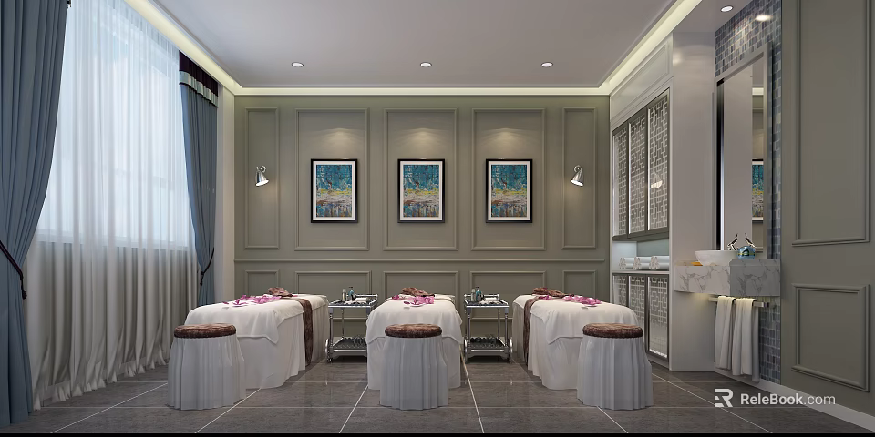 Elegant SPA Interior Design With Three Treatment Beds Pink Towels Framed Artworks And Gray Walls 3d model 