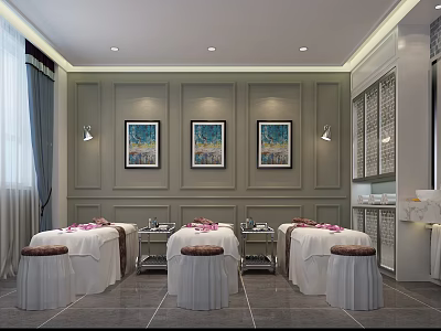 Elegant SPA Interior Design With Three Treatment Beds Pink Towels Framed Artworks And Gray Walls 3d model