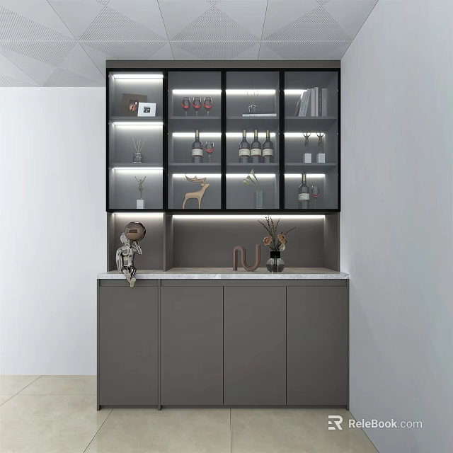 Modern Wine Cabinet With Glass Door Display Built in Lighting And Storage Cabinets 3d model 
