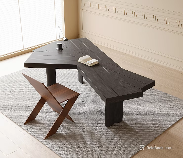 Minimalist Wooden Desk Interior Design With Matching Chair And Natural Light Exposure 3d model 