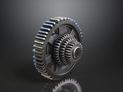 Two Shiny Metal Interlocking Gears On Dark Background With Reflection 3d model