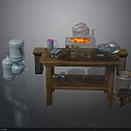 Wooden Workbench With Red Liquid Container Transparent Containers Blue Buckets Metal Tools And Clay Pot