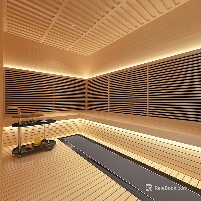 Elegant Sauna Room Interior With Wooden Slatted Walls Ceiling And Flooring 3d model 
