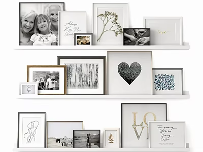 Charming Photo Wall Display With Framed Photos Art Prints Heart Decor And Love Letters 3d model