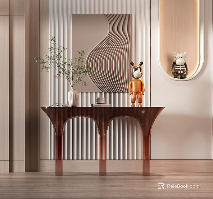 Modern Wooden Console Table With Vase Green Plants And Decorative Figurine 3d model 