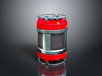 Red Cylindrical Metal Object With Rings Mesh And Stand In Natural Scenery View 3d model