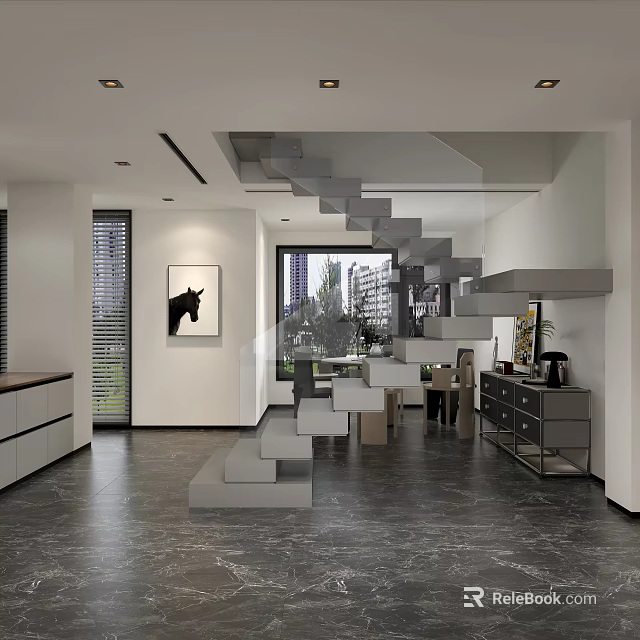 Modern Minimalist Living Room With Floating Staircase Dark Marble Floor And Stylish Wall Art 3d model 