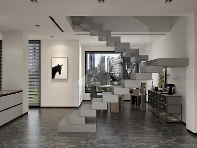 Modern Minimalist Living Room With Floating Staircase Dark Marble Floor And Stylish Wall Art 3d model