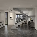 Modern Minimalist Living Room With Floating Staircase Dark Marble Floor And Stylish Wall Art