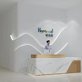 Modern Reception Desk Interior With White Wall Wavy Lines Marble Countertop Wooden Accents And Professional Woman