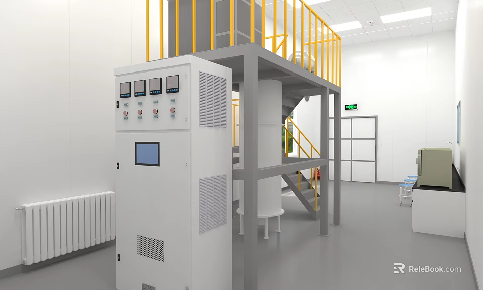 Modern Laboratory Interior With Two Level Platform Yellow Railings Control Panel And Display Screen 3d model