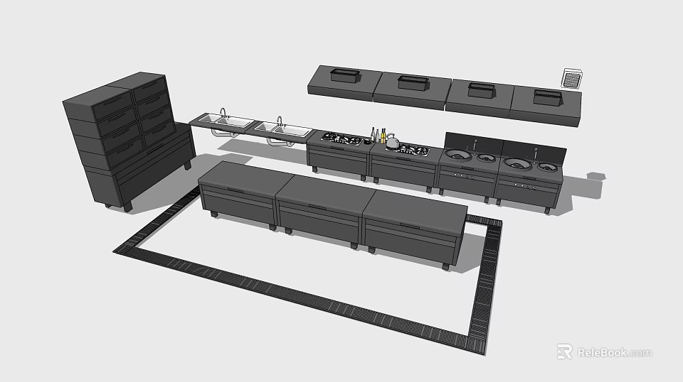 Modern Commercial Kitchen Design With Various Cooking Appliances And Equipment 3d model 