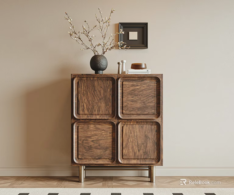 Modern Walnut Entryway Console Cabinet With Metal Legs Vase Branches And Picture Frame 3d model 