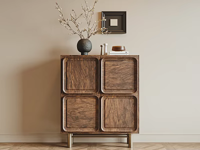 Modern Walnut Entryway Console Cabinet With Metal Legs Vase Branches And Picture Frame 3d model