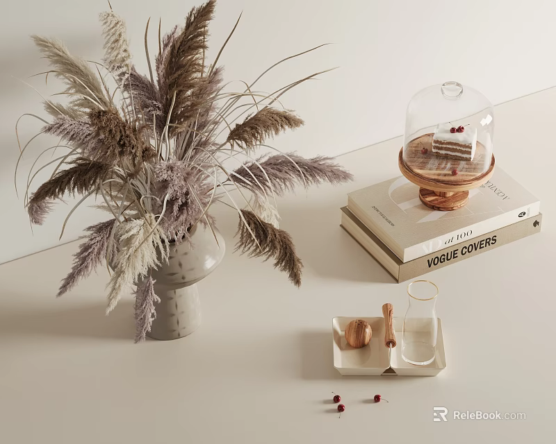 Decorative Ornaments Combination With Dried Pampas Grass Vase Glass Cloche And Wooden Tray 3d model 