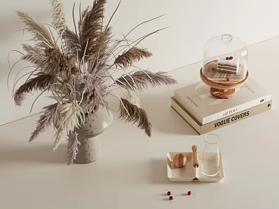 Decorative Ornaments Combination With Dried Pampas Grass Vase Glass Cloche And Wooden Tray 3d model