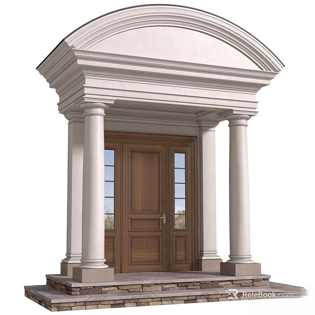 Classical Architectural Porch Component With White Columns Wooden Door And Decorative Pediment 3d model 
