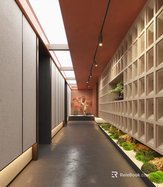Elegant Hotel Corridor With Wooden Grid Walls Recessed Lighting And Green Plant Decorations 3d model 