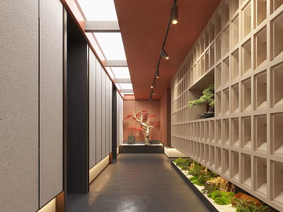 Elegant Hotel Corridor With Wooden Grid Walls Recessed Lighting And Green Plant Decorations 3d model