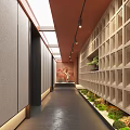 Elegant Hotel Corridor With Wooden Grid Walls Recessed Lighting And Green Plant Decorations